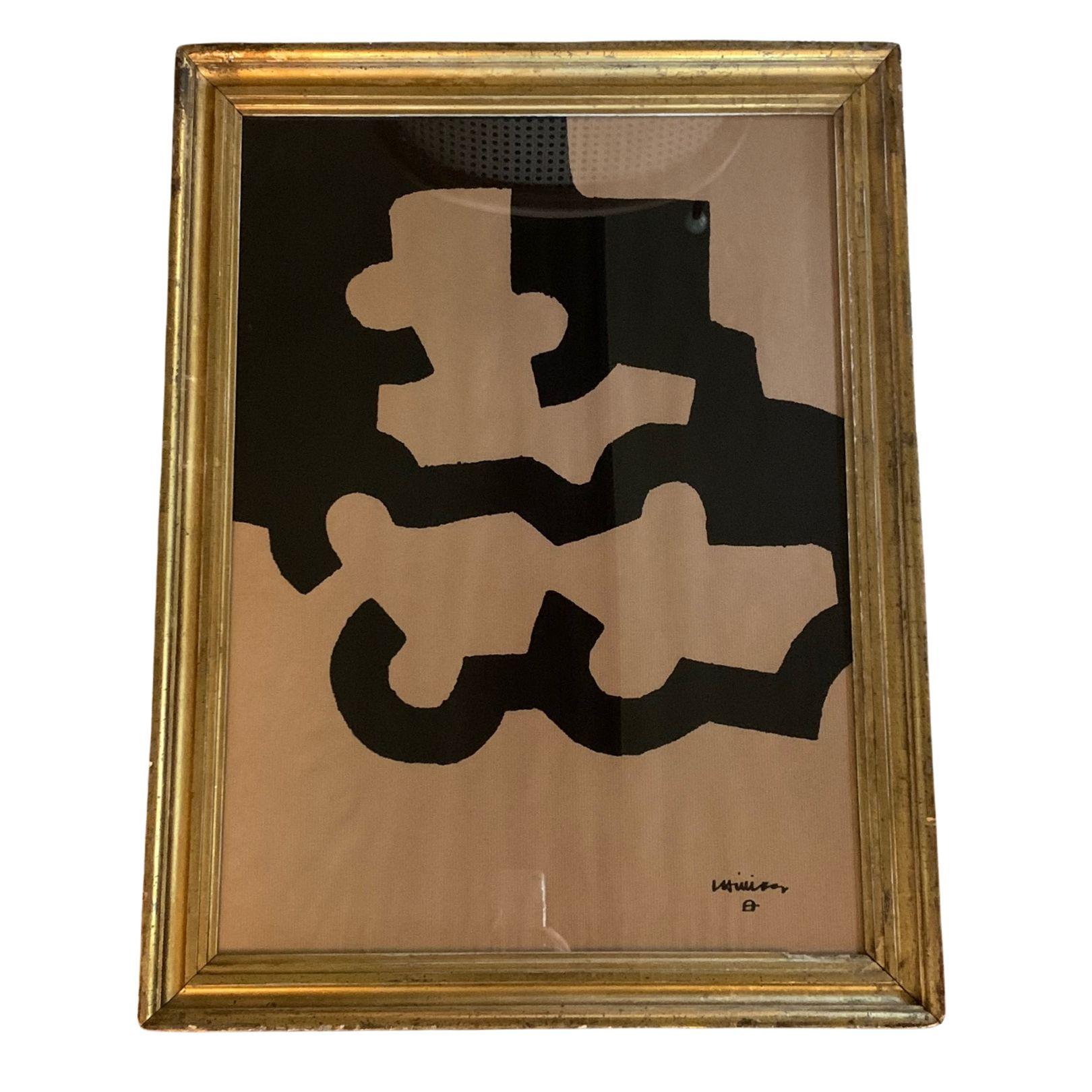 Pair of contemporary abstract prints, by Spanish artist Eduardo Chillida, in gold frames, with glass. Hanging hardware/wire not included.