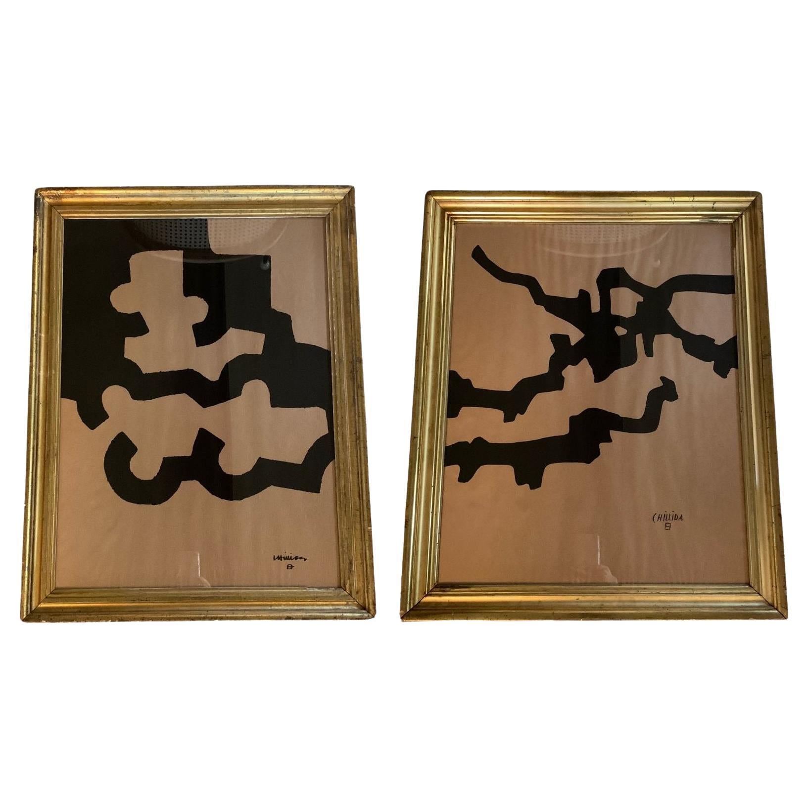 Pair of Contemporary Prints, Spanish Artist Eduardo Chillida, Custom Gold Frames