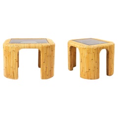Pair of Contemporary Rattan and Smoked Glass End Tables