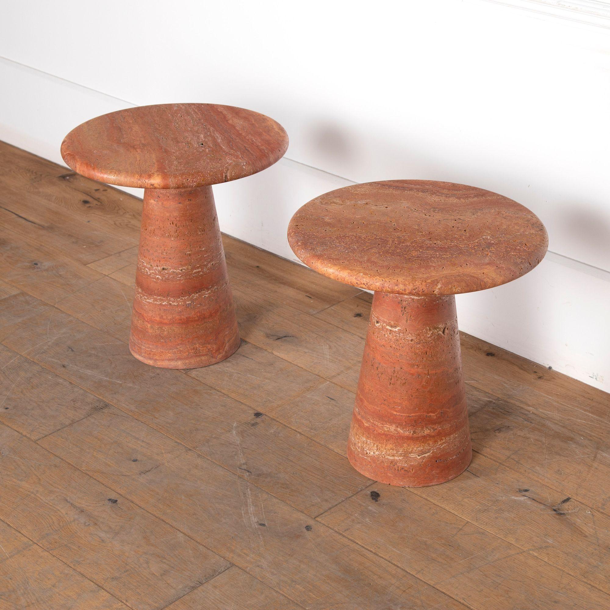 Mid-Century Modern Pair of Contemporary Red Travertine Side Tables For Sale