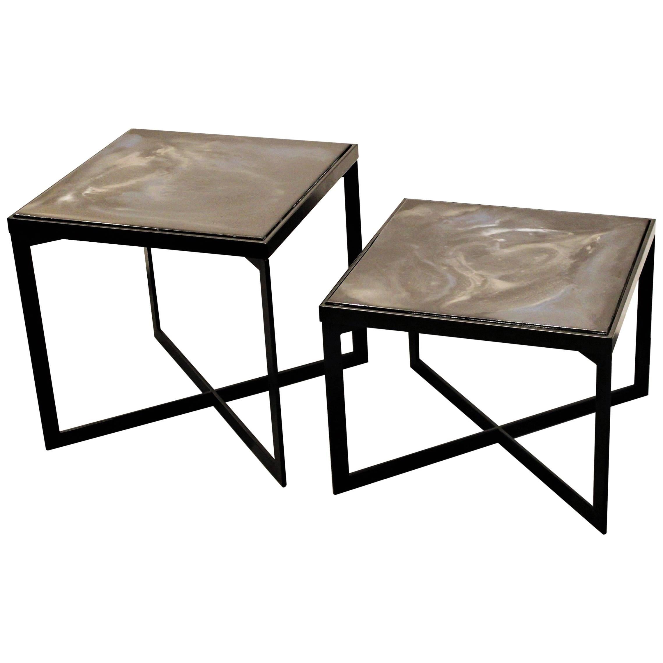 Pair of Contemporary Resin Side Tables "Black Velvet" on Black Steel Base For Sale