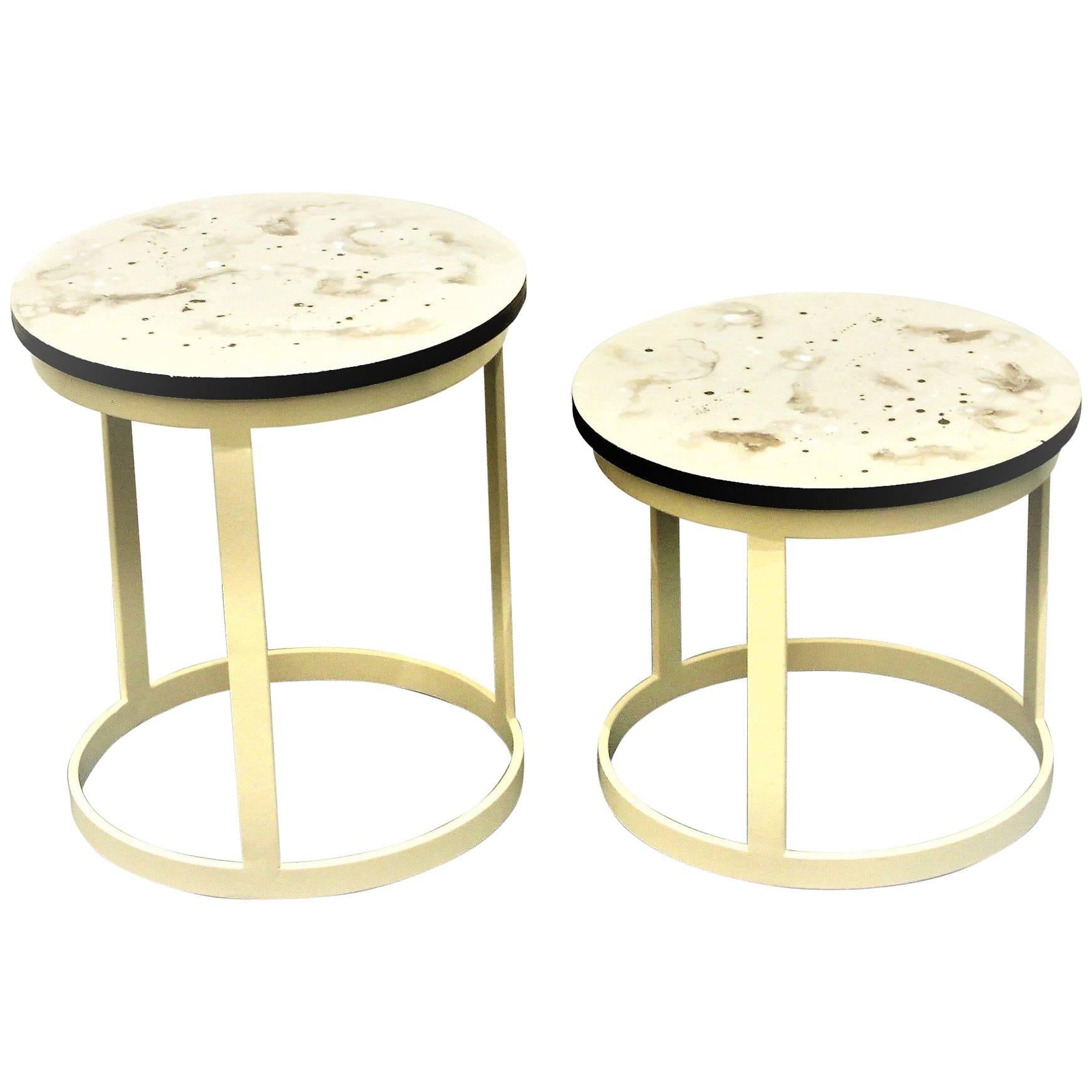 Pair of Contemporary Resin Side Tables "Coffee Universe" with Beige Steel Base For Sale