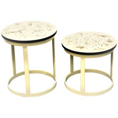 Pair of Contemporary Resin Side Tables "Coffee Universe" with Beige Steel Base