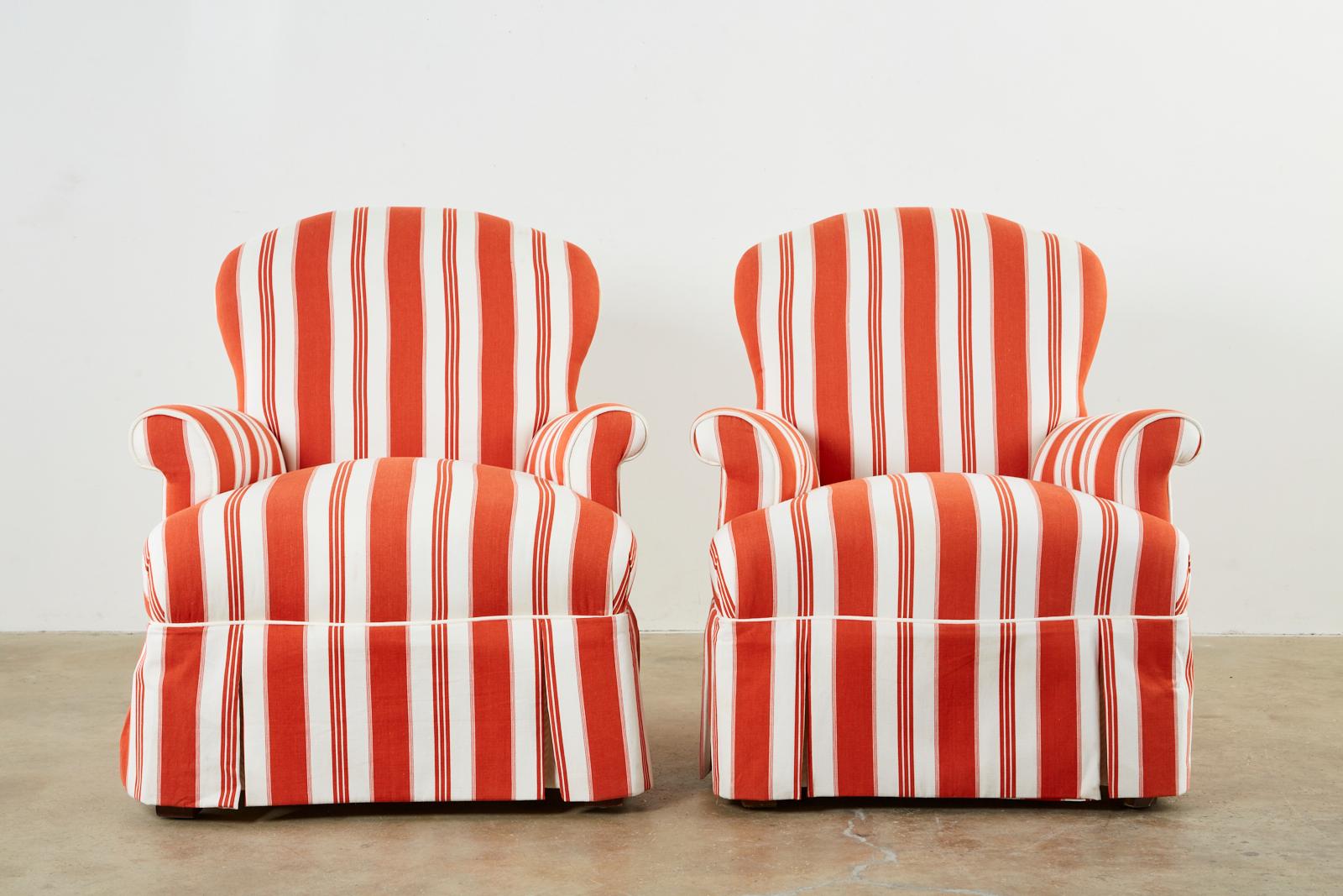Fabric Pair of Contemporary Rolled Arm Striped Lounge Chairs