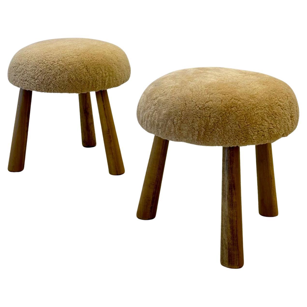 Pair of Contemporary Scandinavian Modern Style Sheepskin Foot-Stools / Ottomans