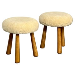 Pair of Contemporary Scandinavian Modern Style Beige Sheepskin Stools / Ottomans