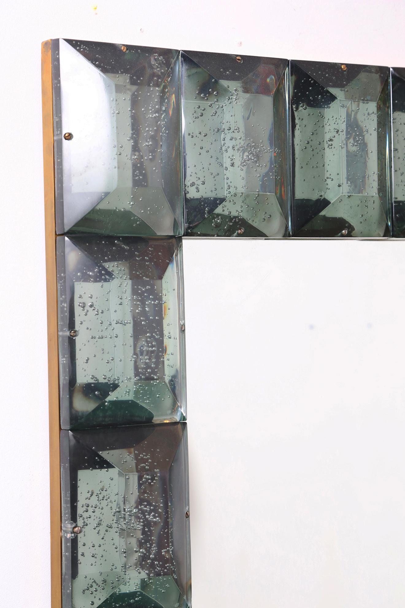Mid-Century Modern Pair of Sea Green Aqua Diamond Murano Glass Blocks Mirror, In Stock For Sale