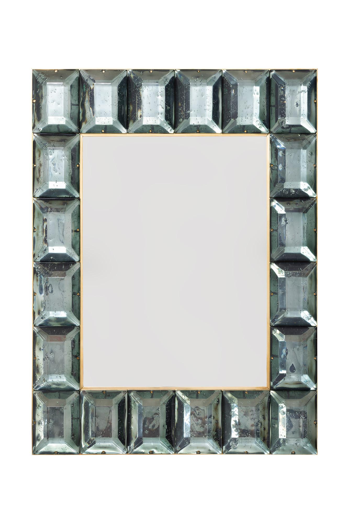  Pair of contemporary sea green diamond Murano glass block mirror, in stock
Customizable, faceted Murano glass frame mirror, edged in brass and  luxury handcrafted by a team of artisans in Venice, Italy. Each sea green, aqua glass block has a highly