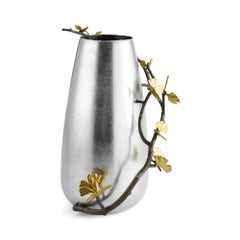 Pair of Contemporary Silver and Gold Metal Ginkgo Centerpiece Vase