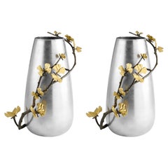 Pair of Contemporary Silver and Gold Metal Ginkgo Centerpiece Vase