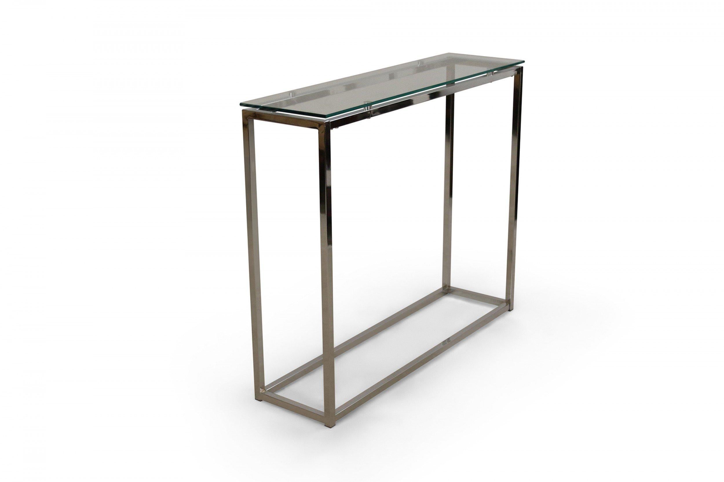 Pair of Contemporary Silver Metal and Glass Narrow Console Tables 2