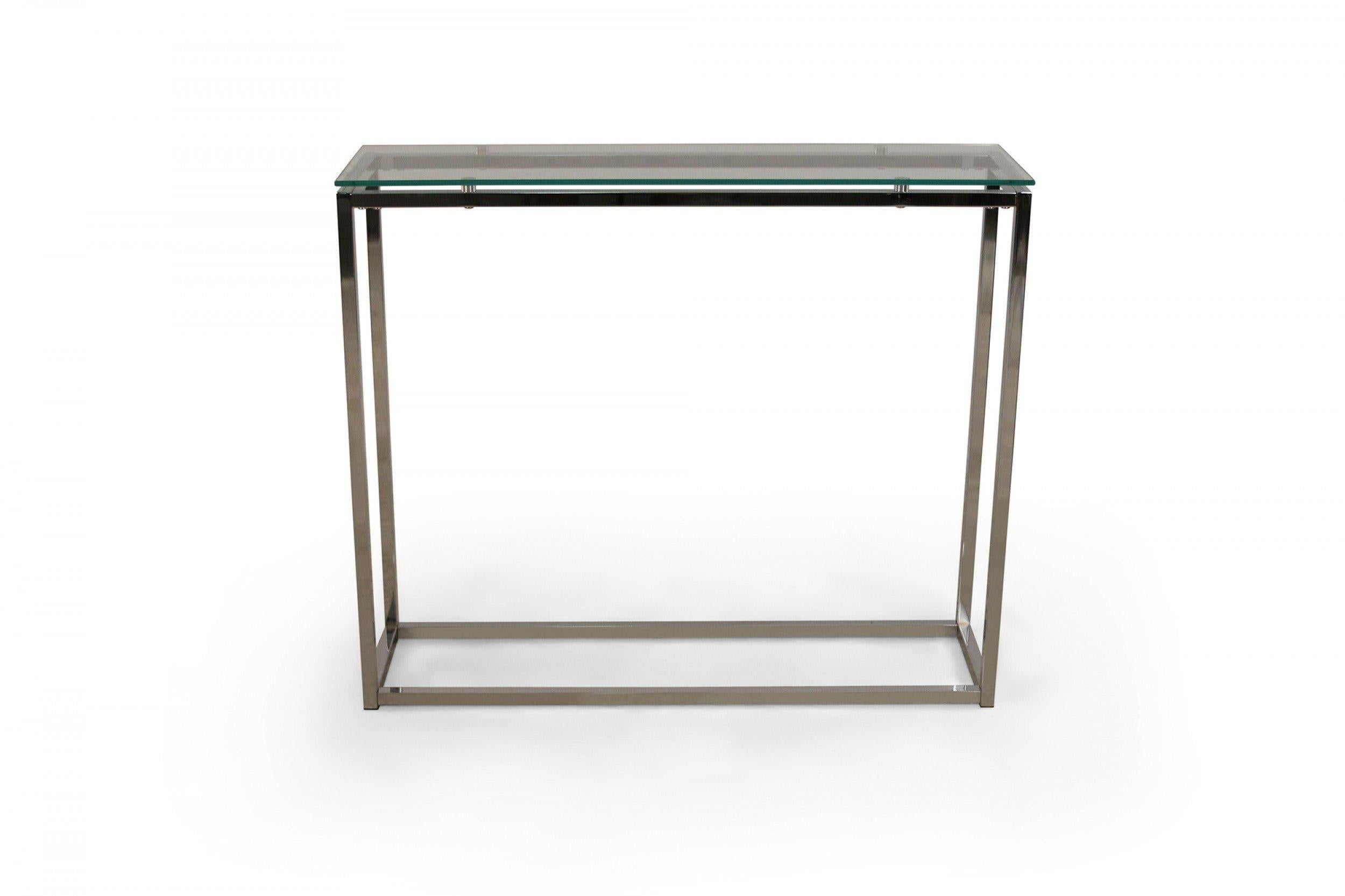 Modern Pair of Contemporary Silver Metal and Glass Narrow Console Tables