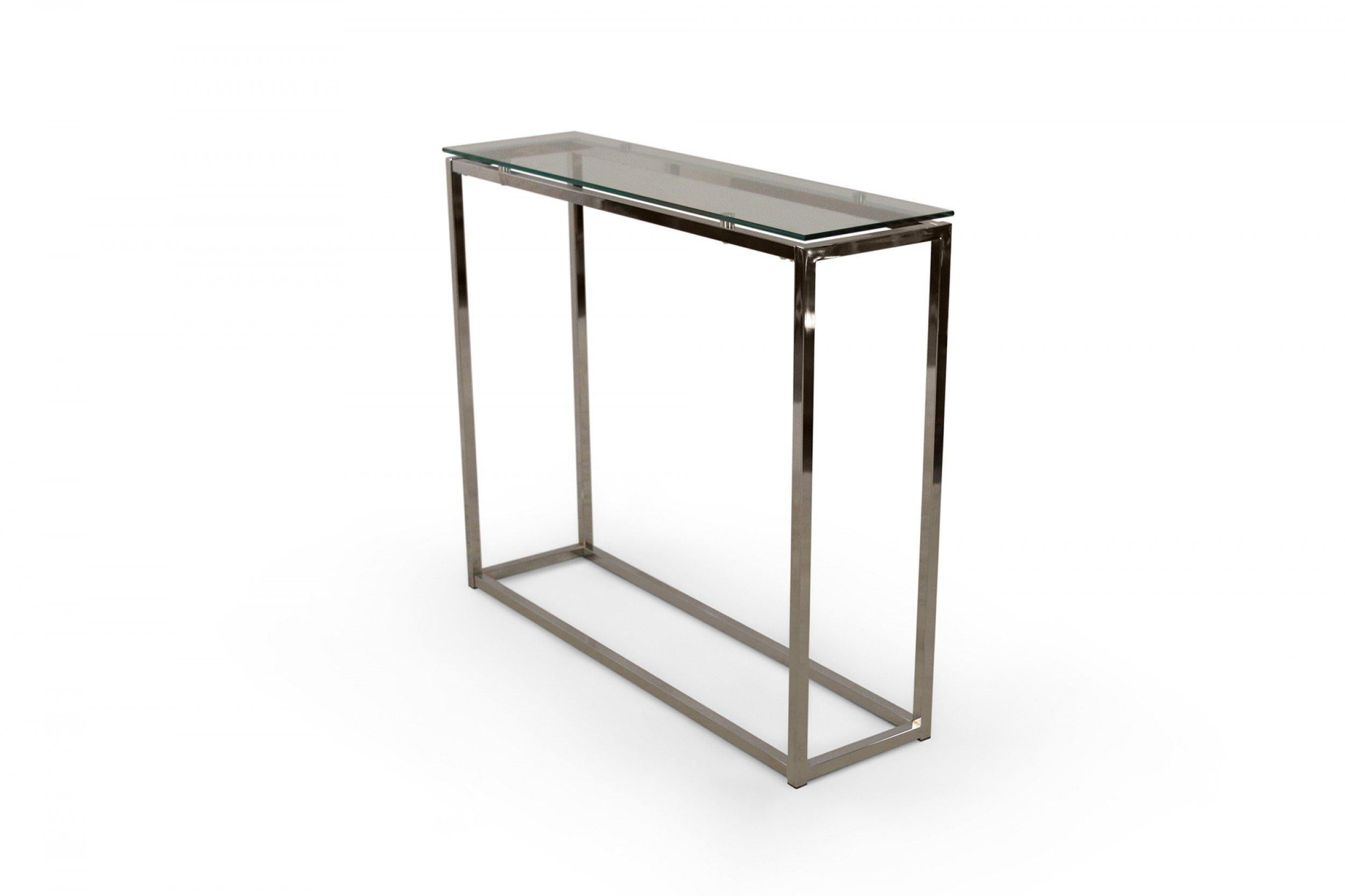 American Pair of Contemporary Silver Metal and Glass Narrow Console Tables
