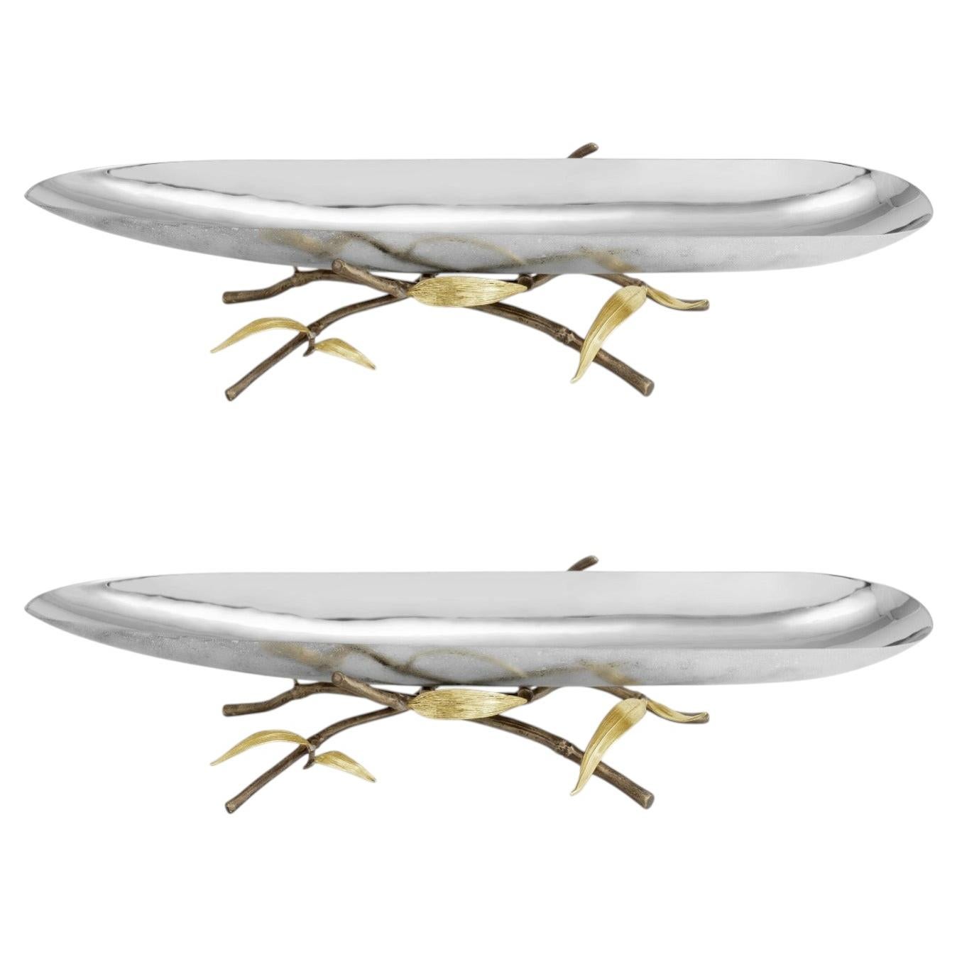 Pair of Contemporary Silver Metal Centerpiece Bowl with Gold Base Design
