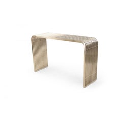 Pair of Contemporary Silver Metal Curved Metal Slat Console Tables