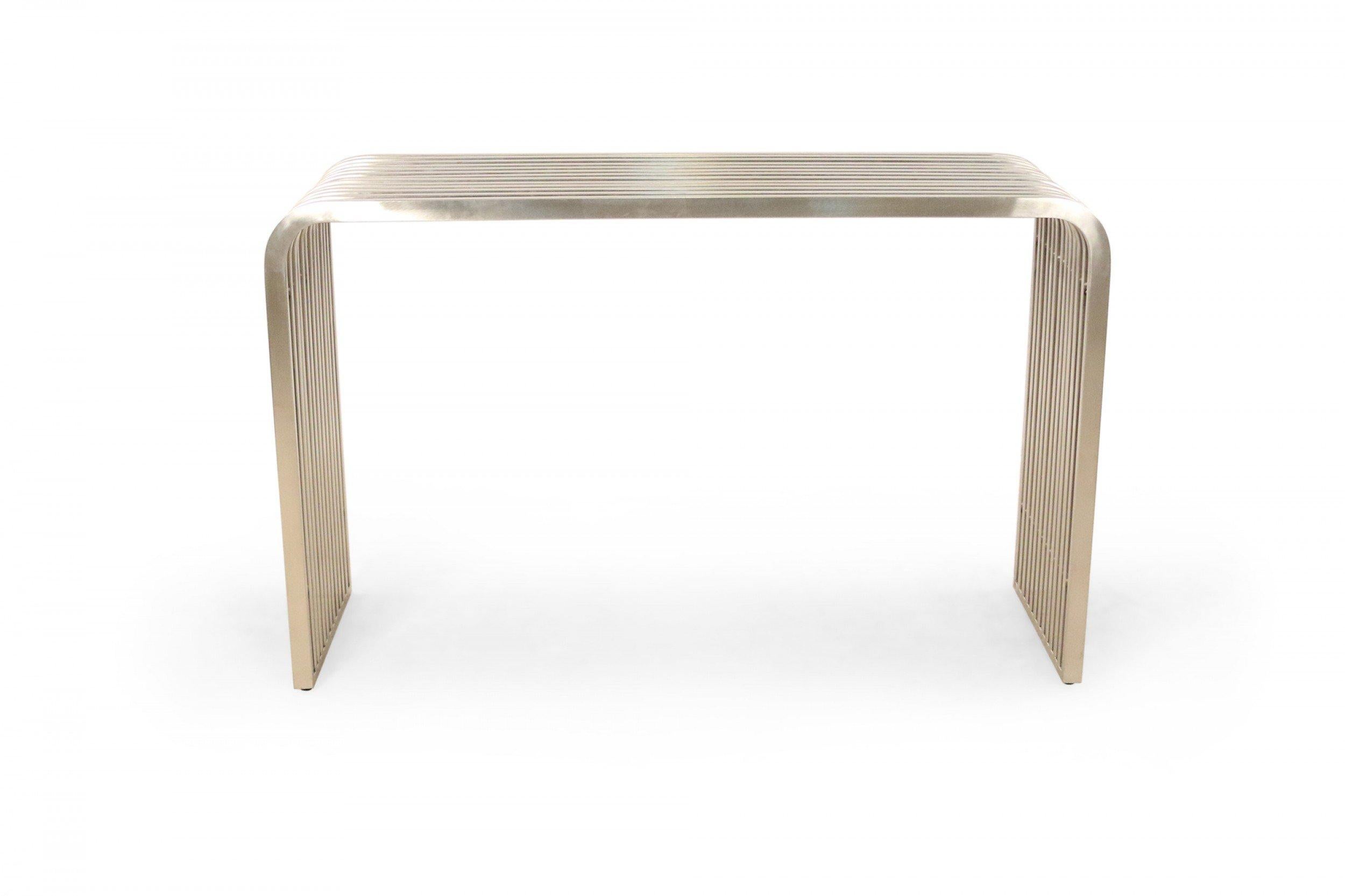 Modern Pair of Contemporary Silver Metal Curved Metal Slat Console Tables For Sale