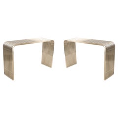 Pair of Contemporary Silver Metal Curved Metal Slat Console Tables