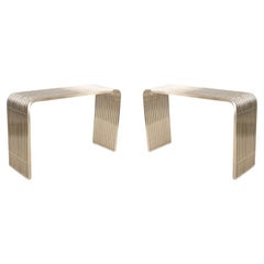 Pair of Contemporary Silver Metal Curved Metal Slat Console Tables