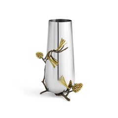 Pair of Contemporary Silver Metal Pine Cone Vase with Gold Detail