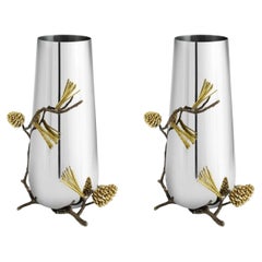 Pair of Contemporary Silver Metal Pine Cone Vase with Gold Detail