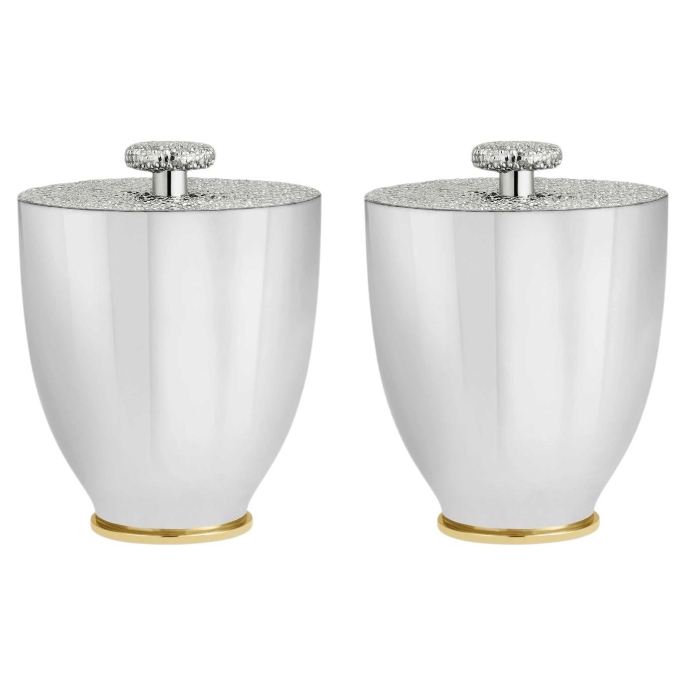 Pair of Contemporary Silver Metal Shagreen-Style Ice Bucket with Lid