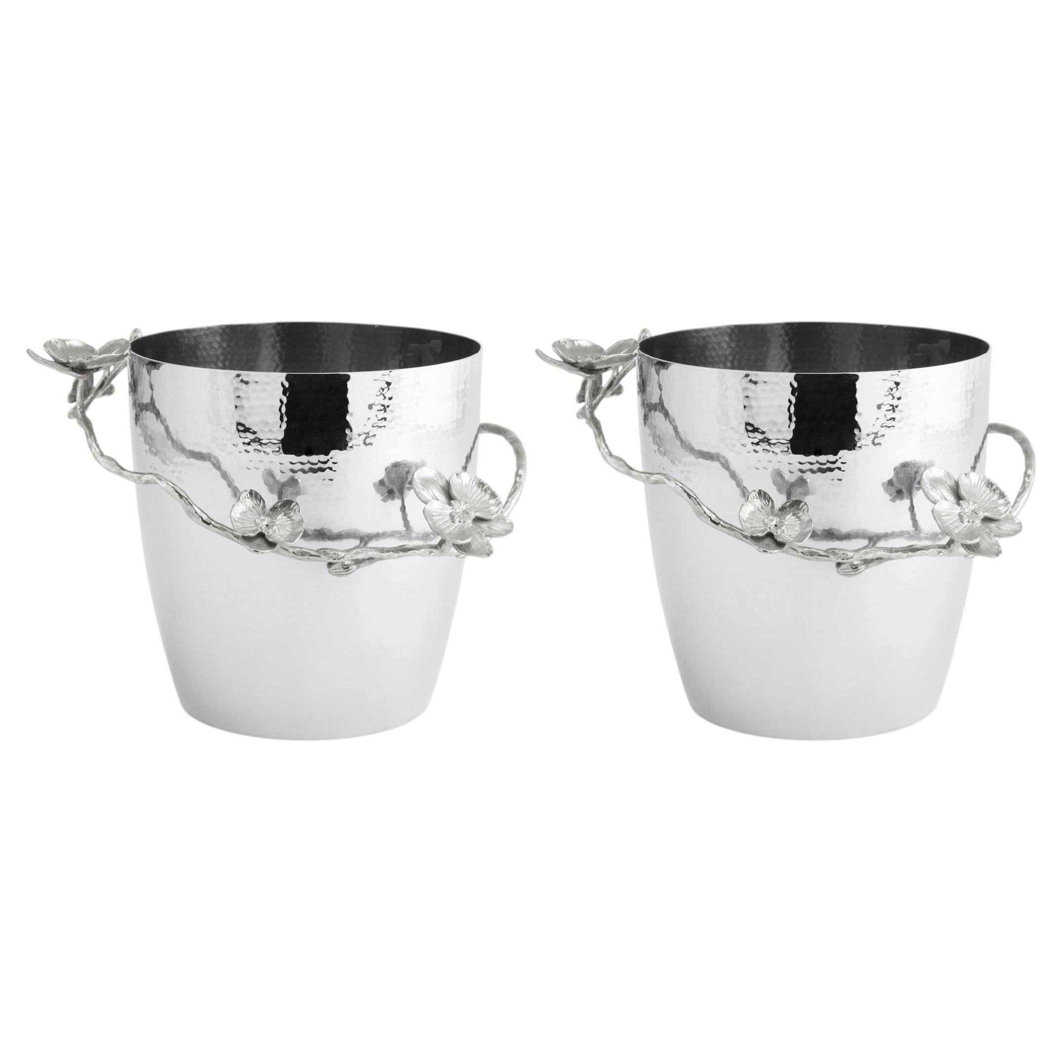 Pair of Contemporary Silver-Tone Metal Orchid Champagne Bucket