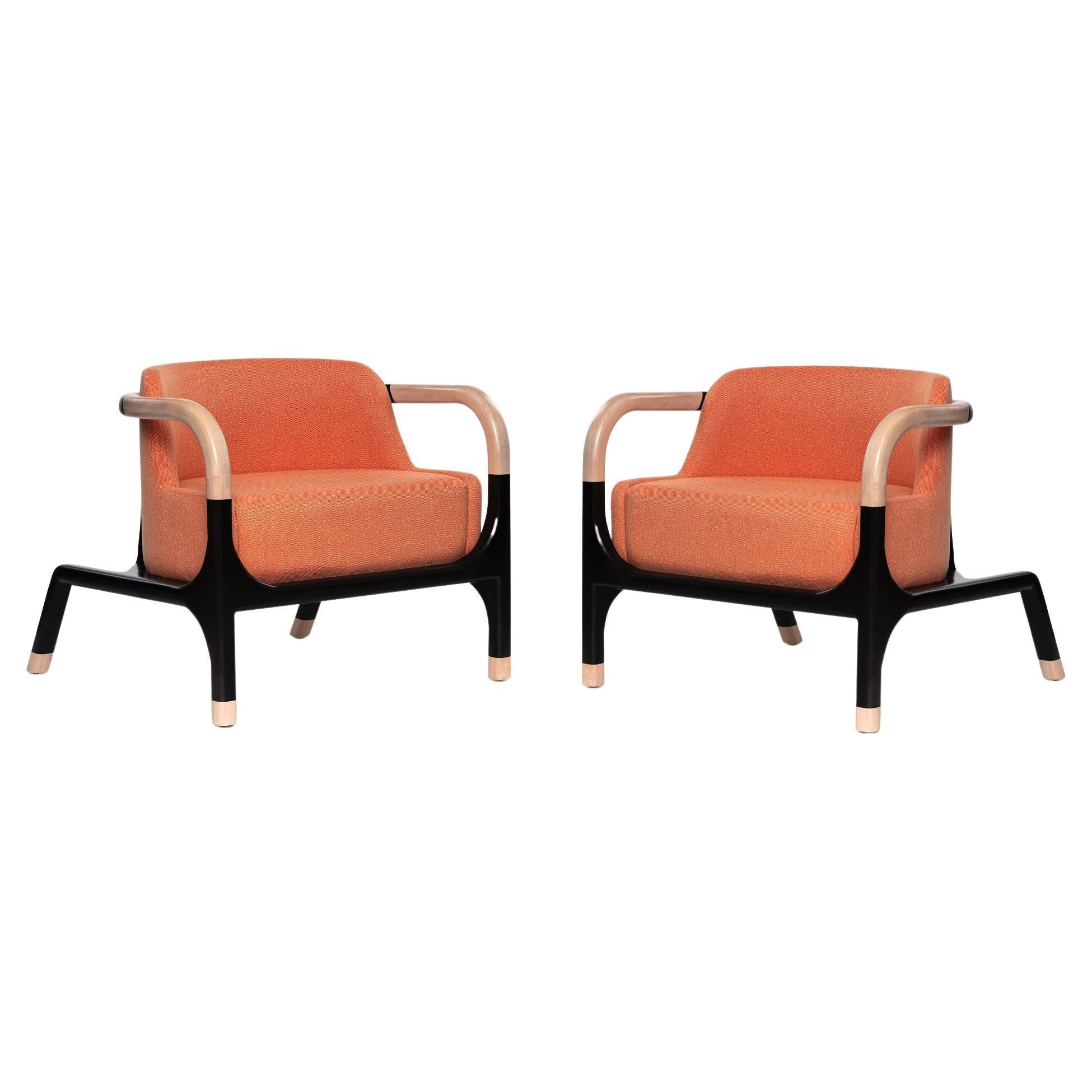 Pair of Contemporary Solid Wood Armchair Upholstered in Textile and Cane