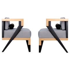 Pair of Contemporary Solid Wood Lounge Chairs Upholstered in Textile