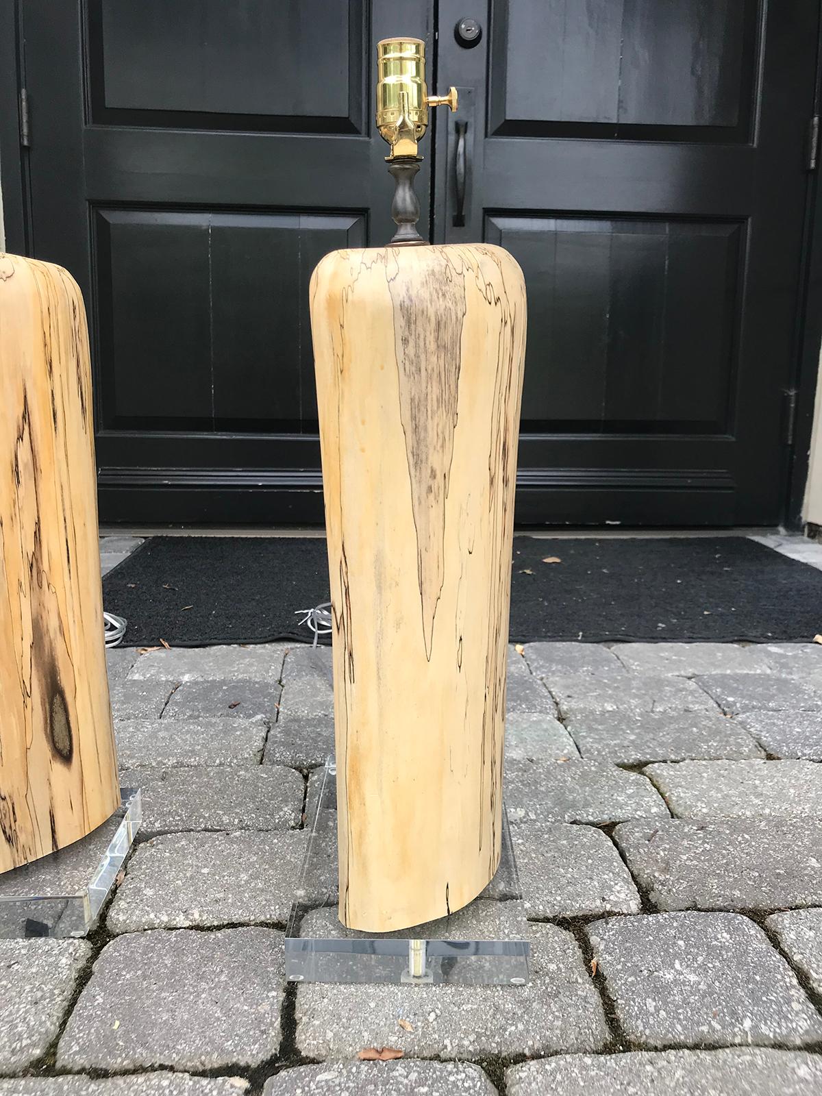 Pair of Contemporary Spalted Wooden Lamps on Custom Lucite Bases 6