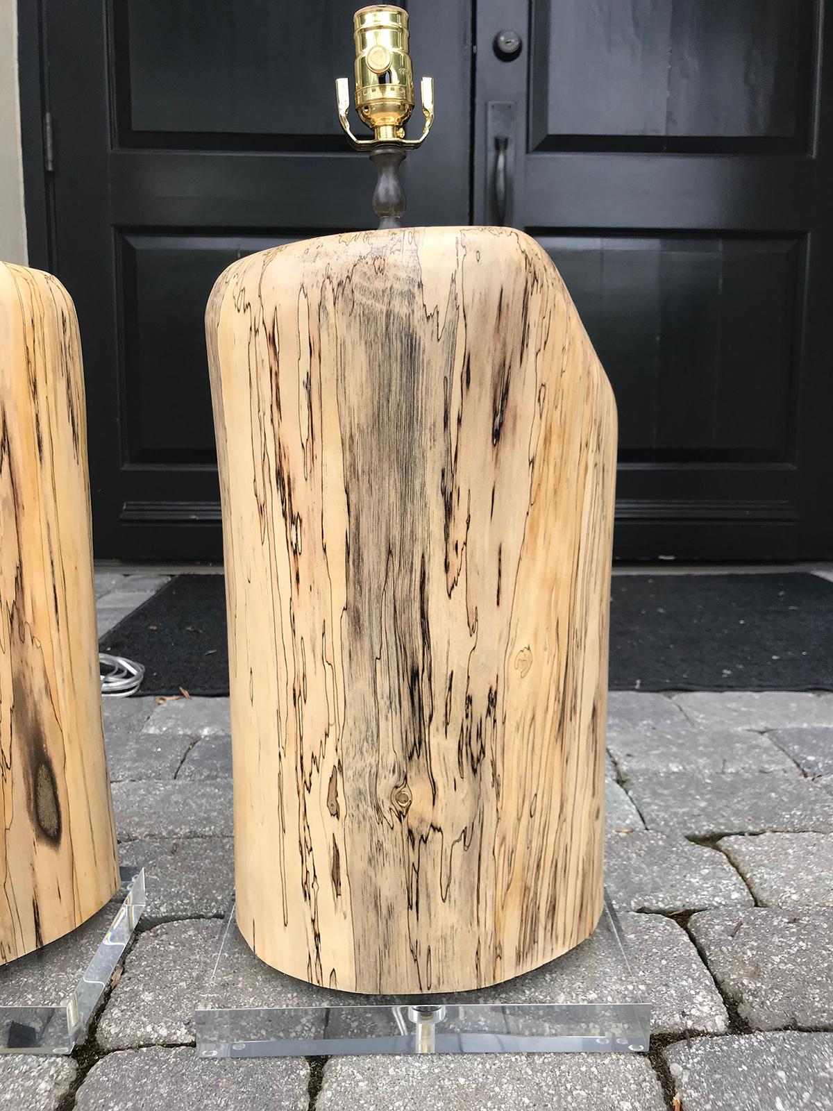 20th Century Pair of Contemporary Spalted Wooden Lamps on Custom Lucite Bases