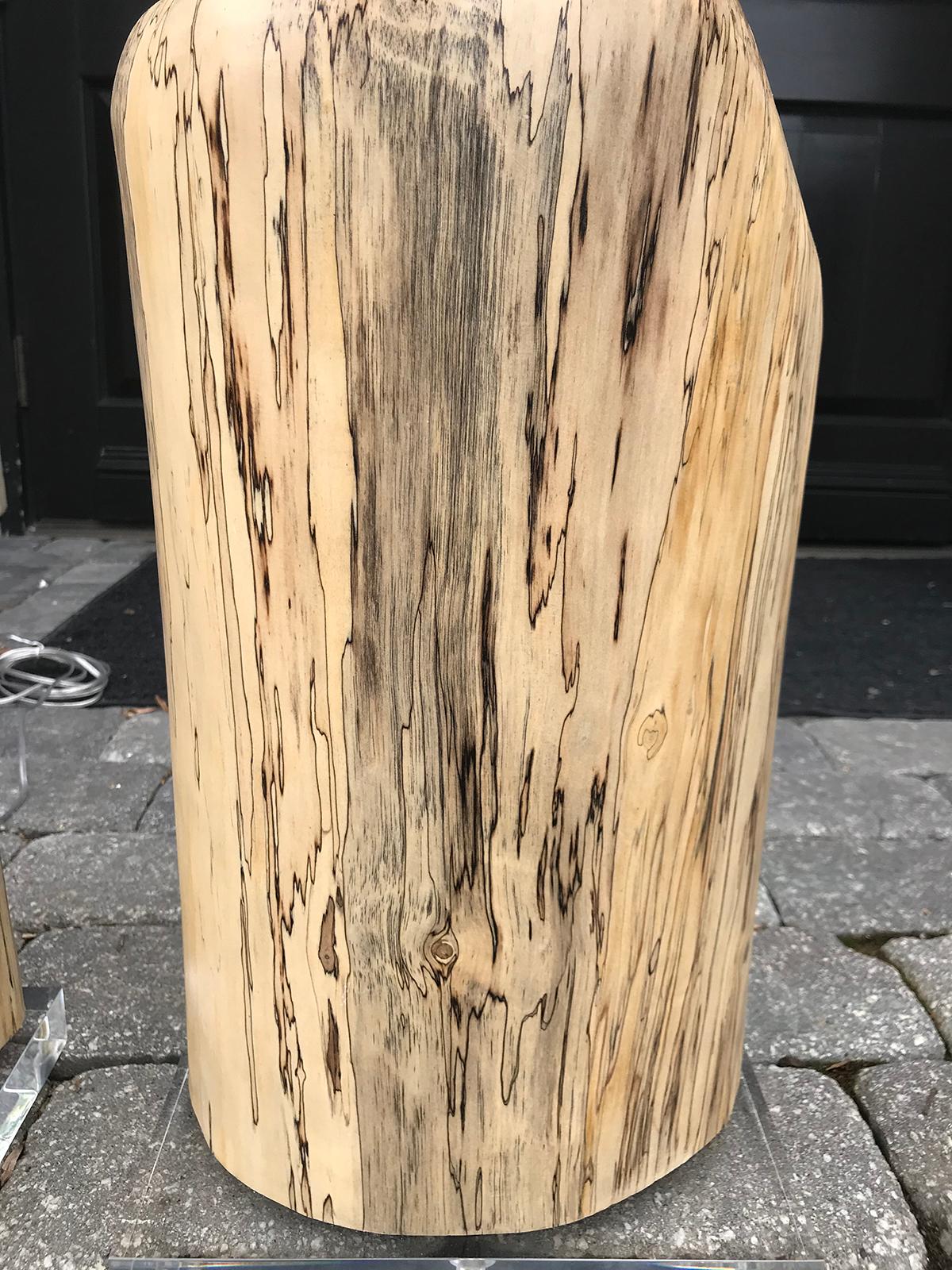 Pair of Contemporary Spalted Wooden Lamps on Custom Lucite Bases 1