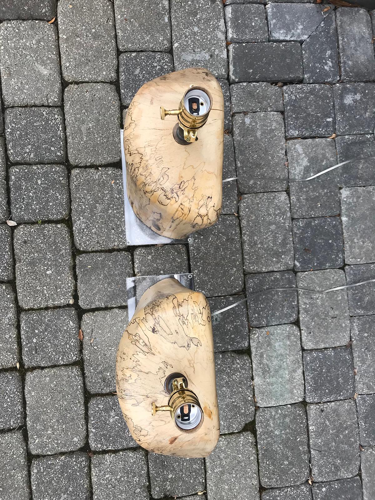 Pair of Contemporary Spalted Wooden Lamps on Custom Lucite Bases 2