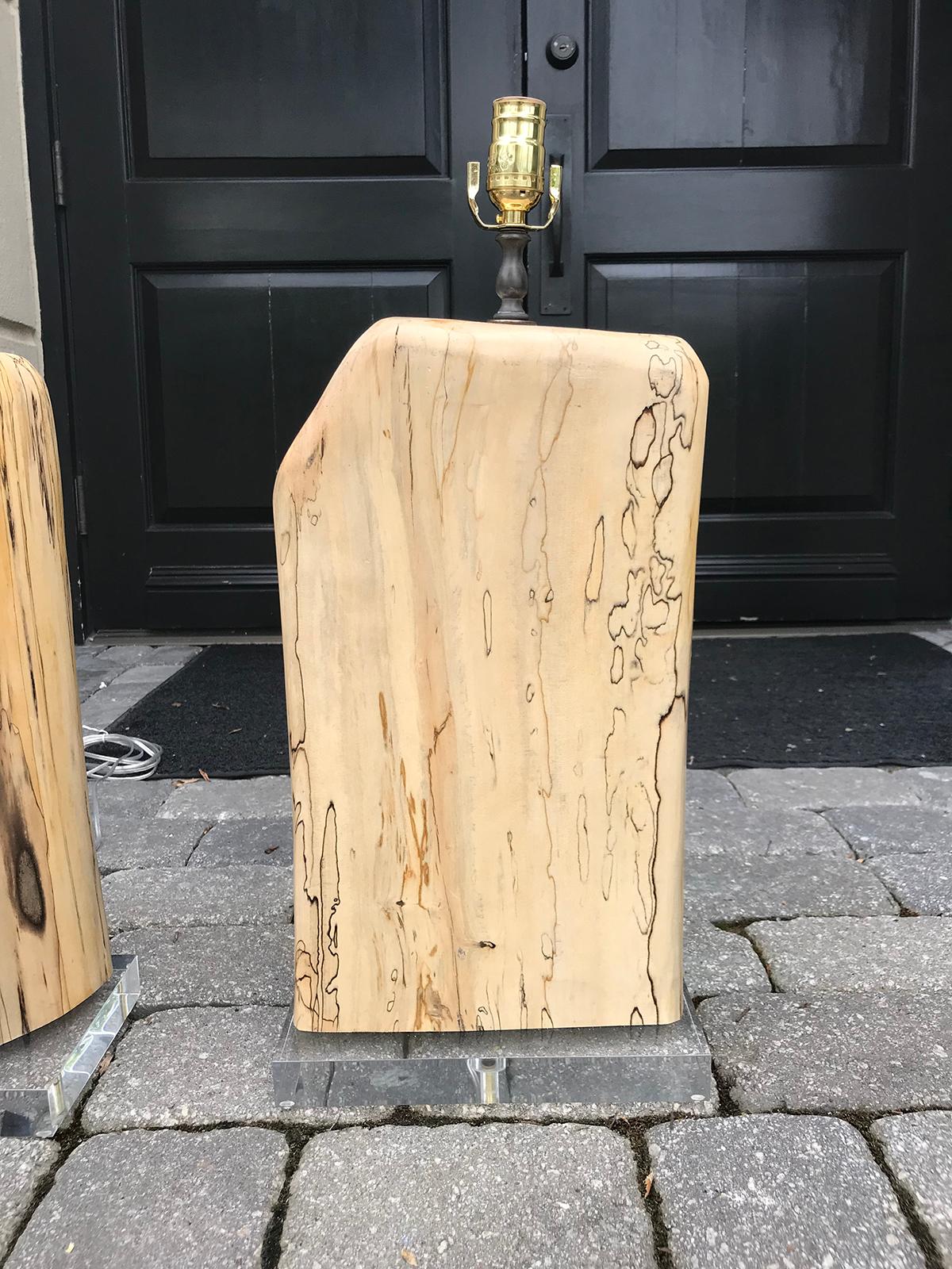 Pair of Contemporary Spalted Wooden Lamps on Custom Lucite Bases 5