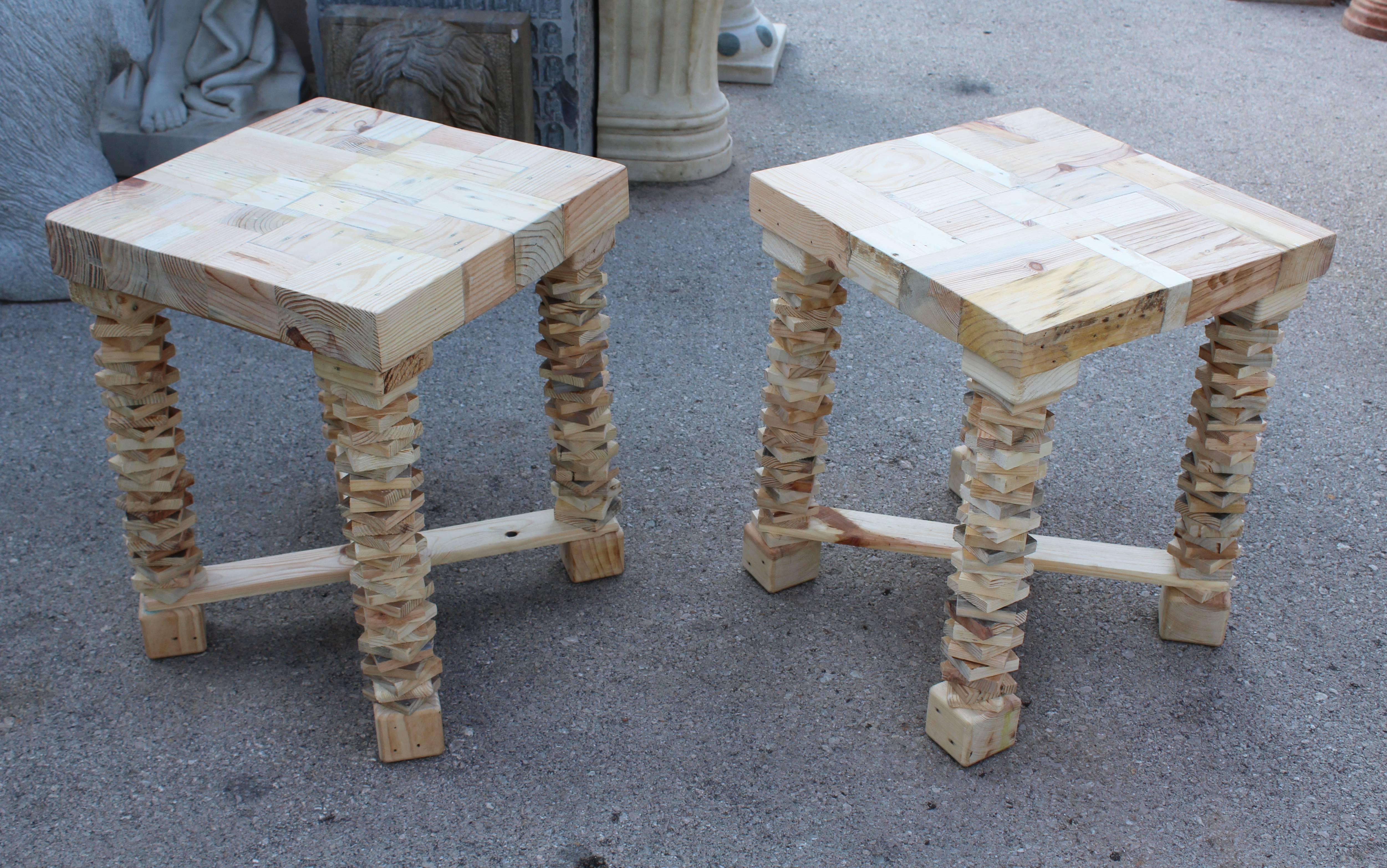 Pair of contemporary Spanish handcrafted wooden side tables.
    