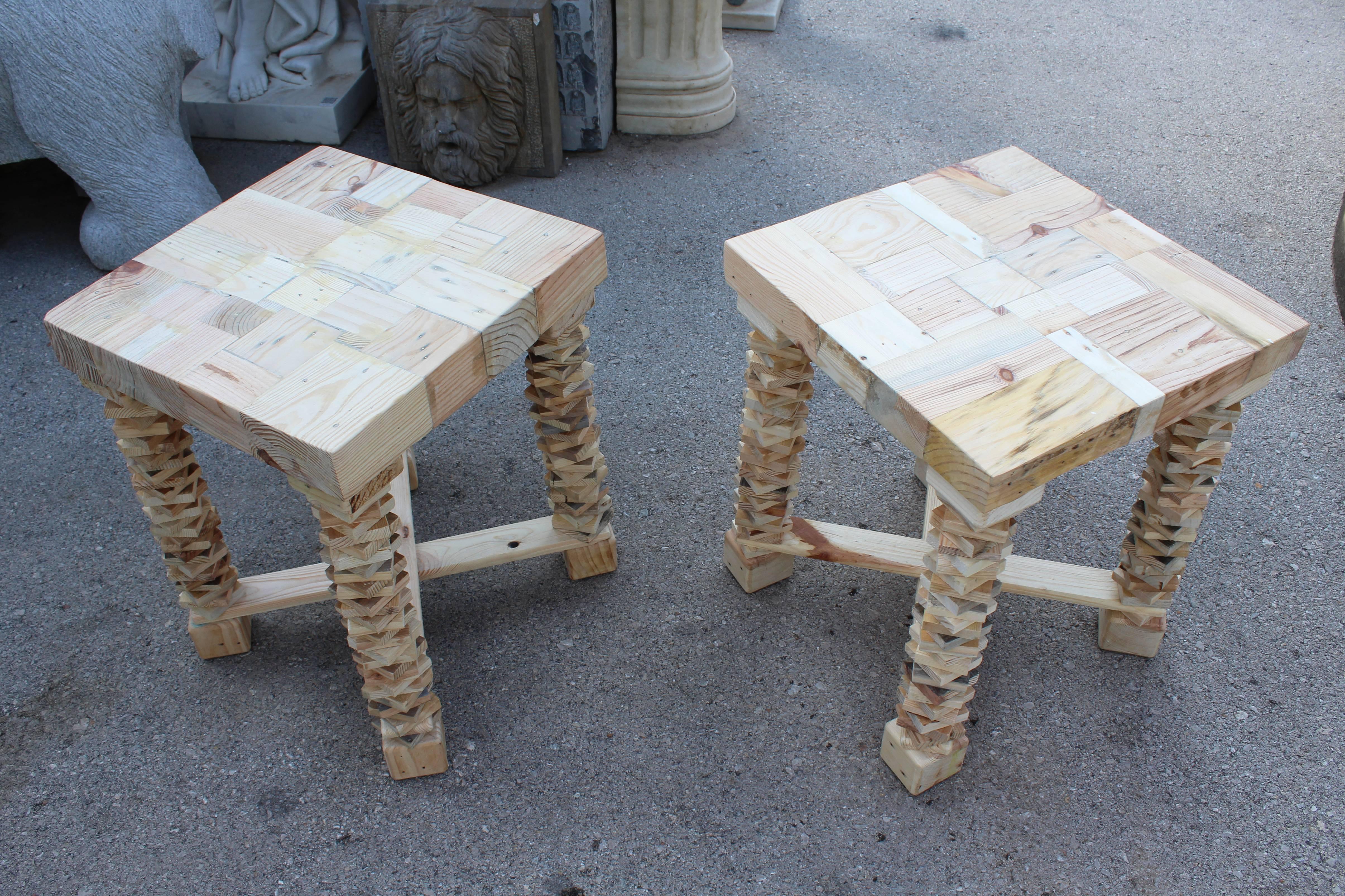 Pair of Contemporary Spanish Handcrafted Wooden Side Tables 1
