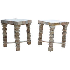 Pair of Contemporary Spanish Handcrafted Wooden Side Tables