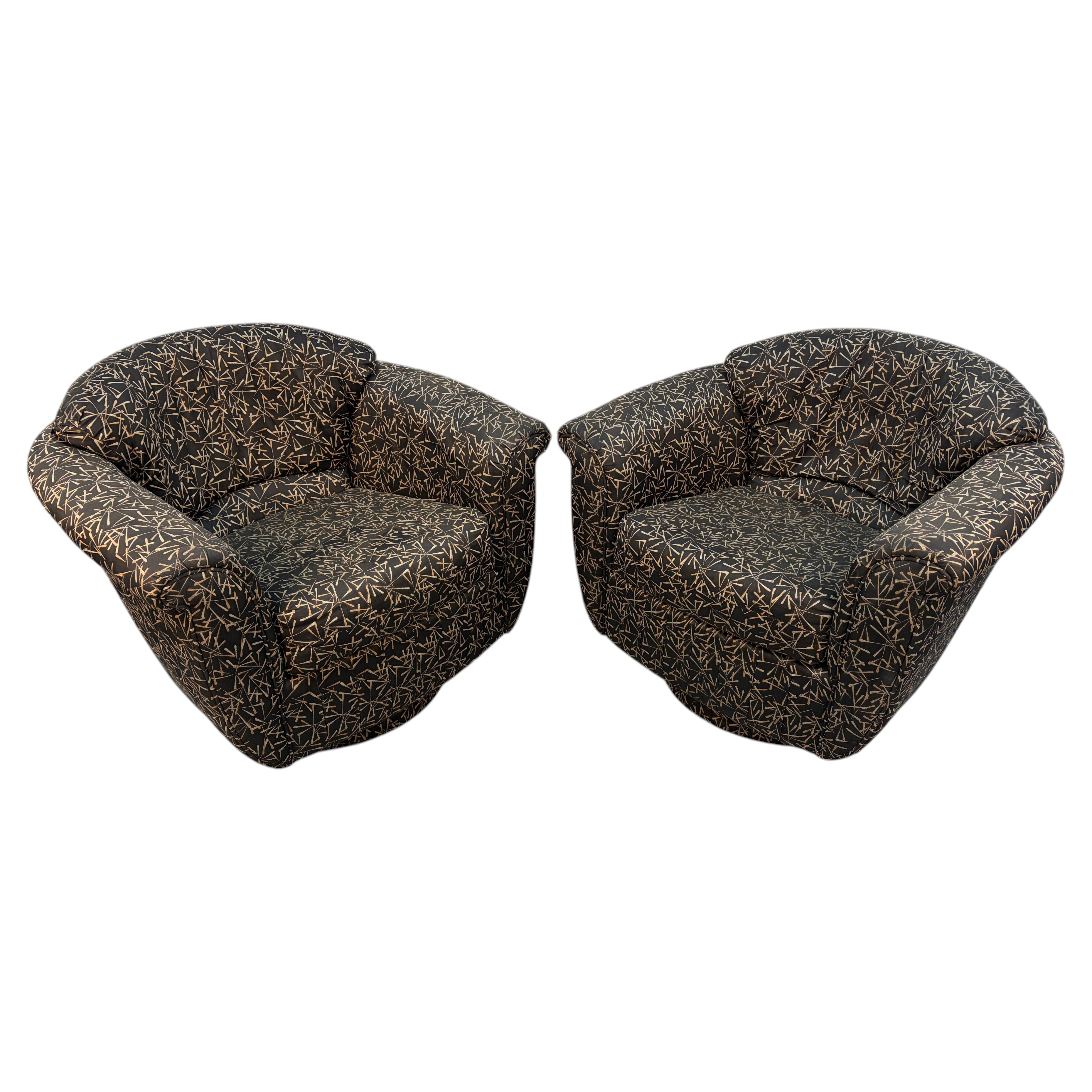 Pair of Contemporary Swivel Club Chairs w/ Abstract Upholstery