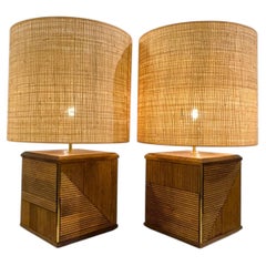 Pareja de Lámparas de Mesa Contemporáneas, Latón y Madera, Italia