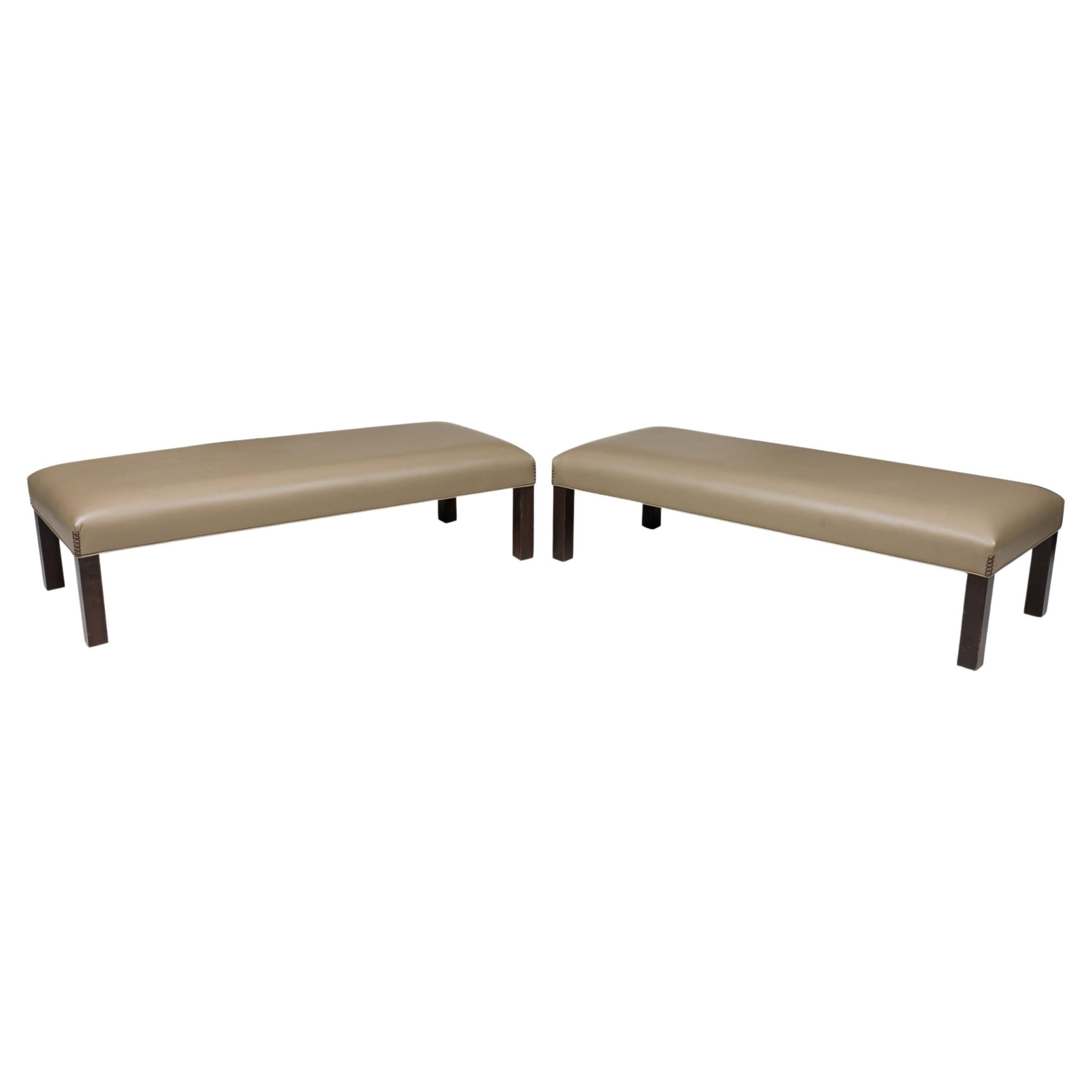 Pair of Contemporary Taupe Leather Upholstered Benches