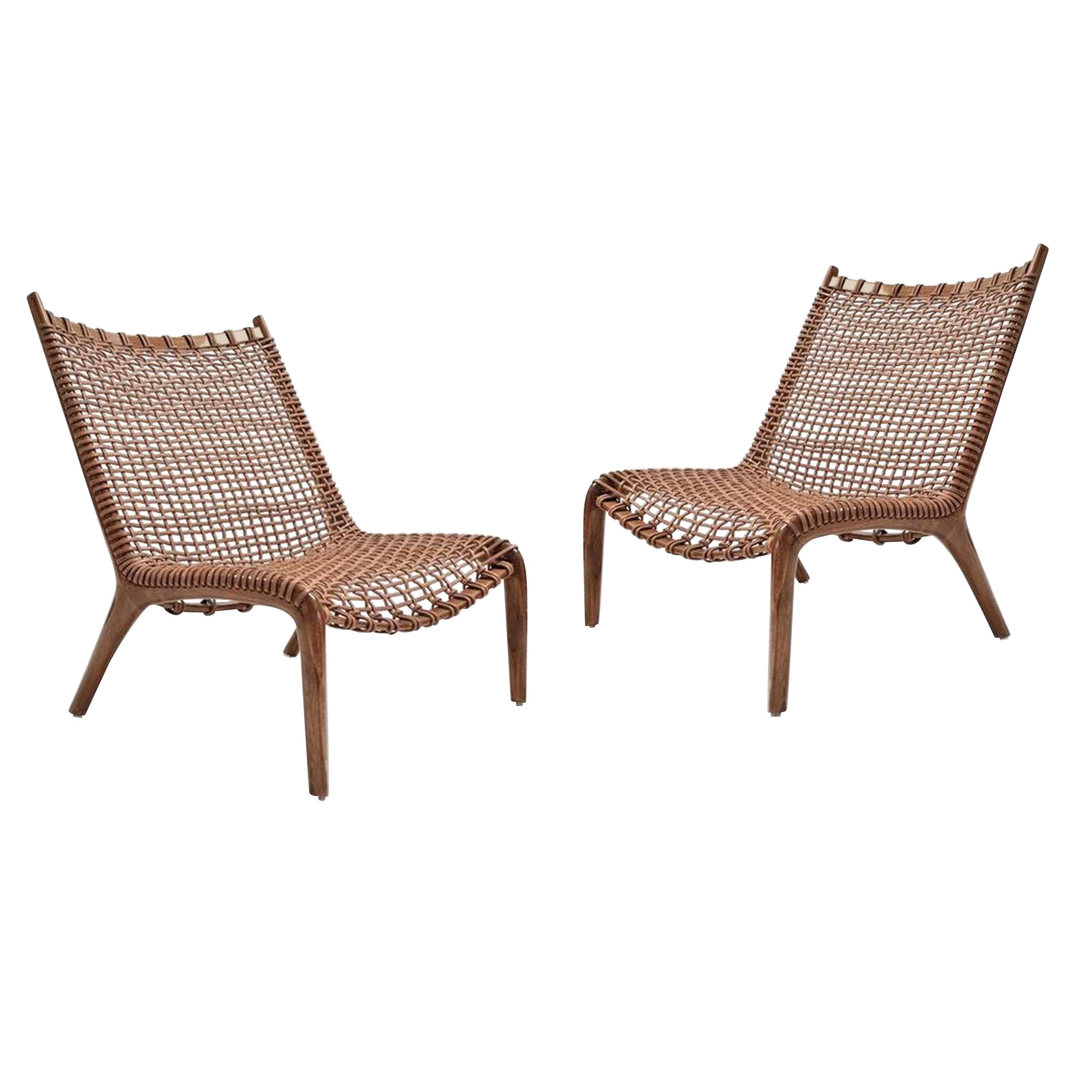 Pair of Contemporary Teak and Leather Chairs, 2018