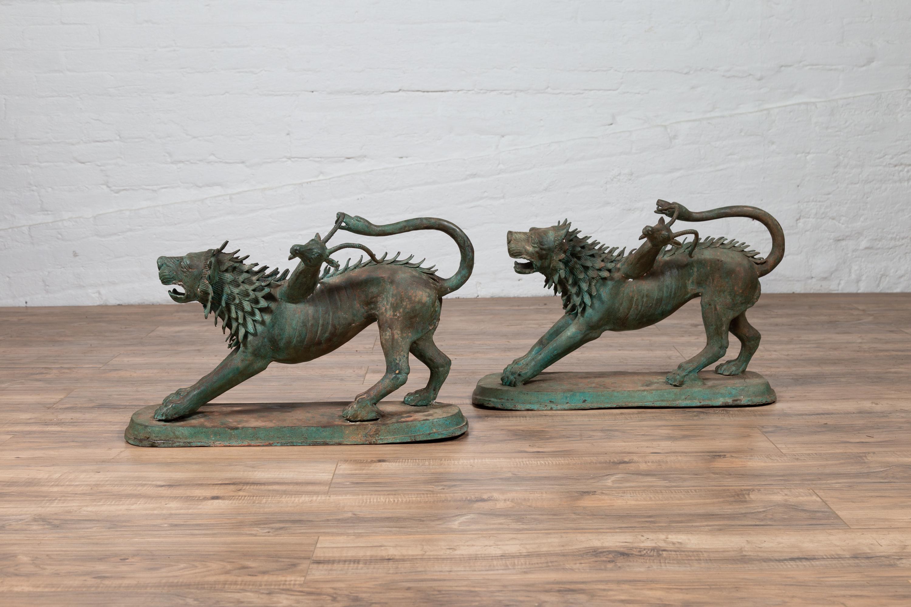 Patinated Pair of Contemporary Cast Bronze Mythological Guardian Animal Sculptures For Sale