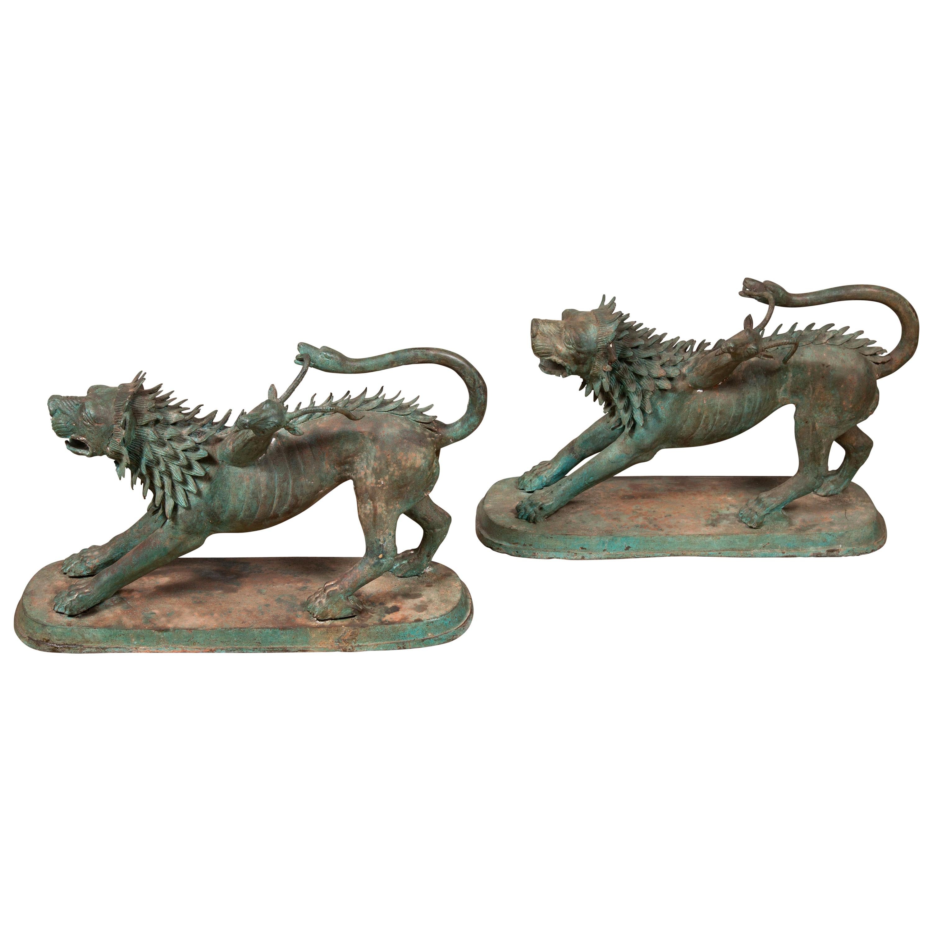 Pair of Contemporary Cast Bronze Mythological Guardian Animal Sculptures