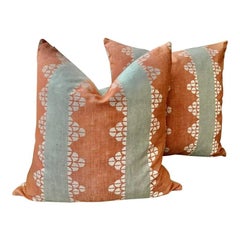 Pair of Contemporary Thibaut “Dhara Stripe” in Orange Pillows