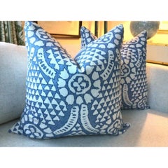 Pair of Contemporary Thibaut Down-Filled “Chamomile” in Blue Pillows