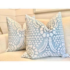 Pair of Contemporary Thibaut Down-Filled “Chamomile” in Spa Blue Pillows