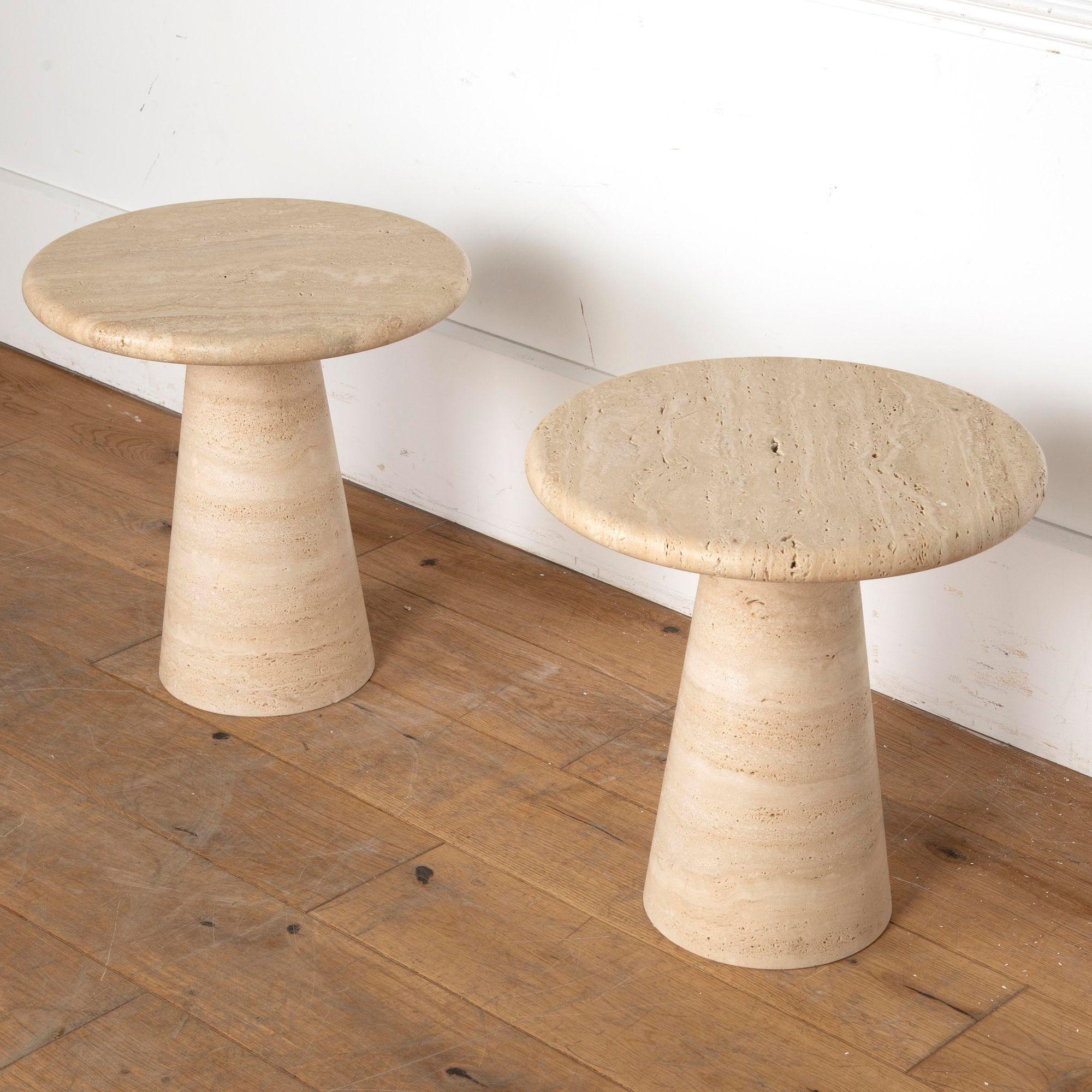 Lovely pair of Contemporary side tables from Italy, in travertine. 
Perfect for sofa ends or placed at a bedside.