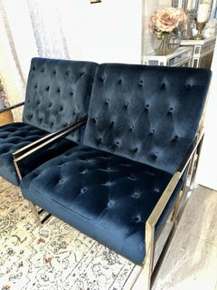 Pair of Contemporary Tufted Navy Velvet Lounge Chairs with Polished Chrome Frame