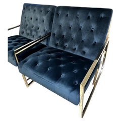 Pair of Contemporary Tufted Navy Velvet Lounge Chairs with Polished Chrome Frame