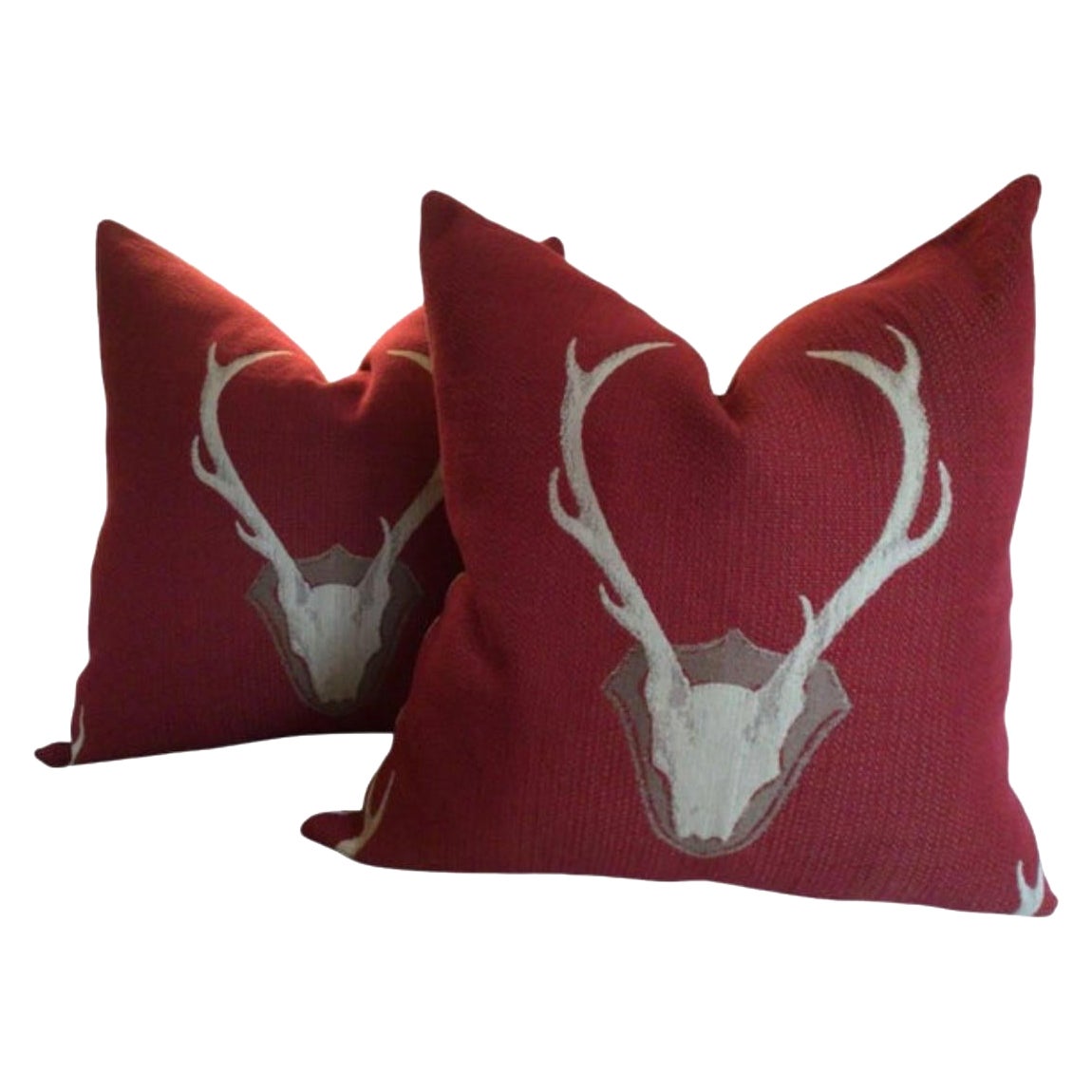 Pareja de almohadas contemporáneas Tío Buck en rojo rellenas de plumón