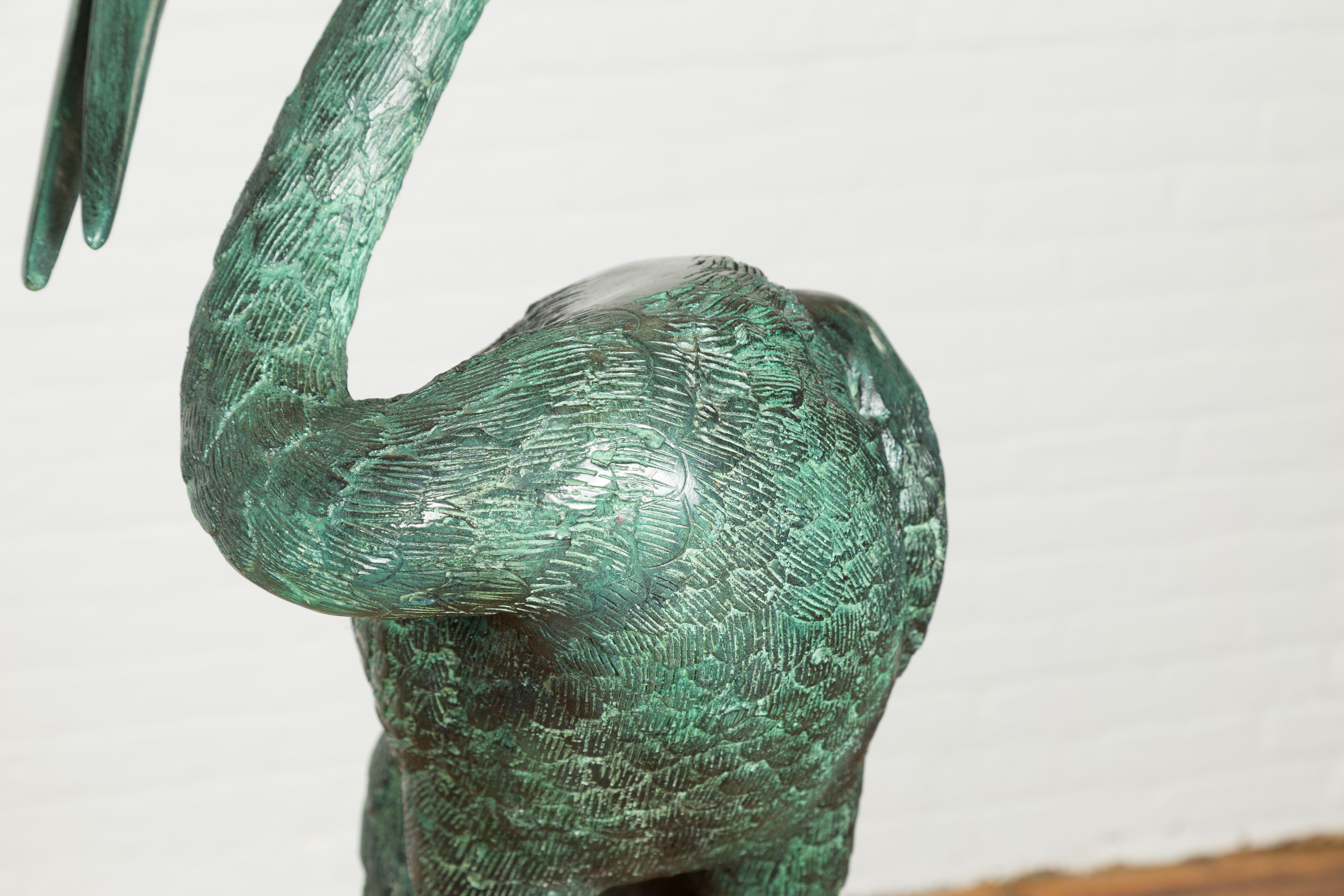 Pair of Contemporary Verdigris Bronze Crane Sculptures Tubed as Fountains For Sale 6